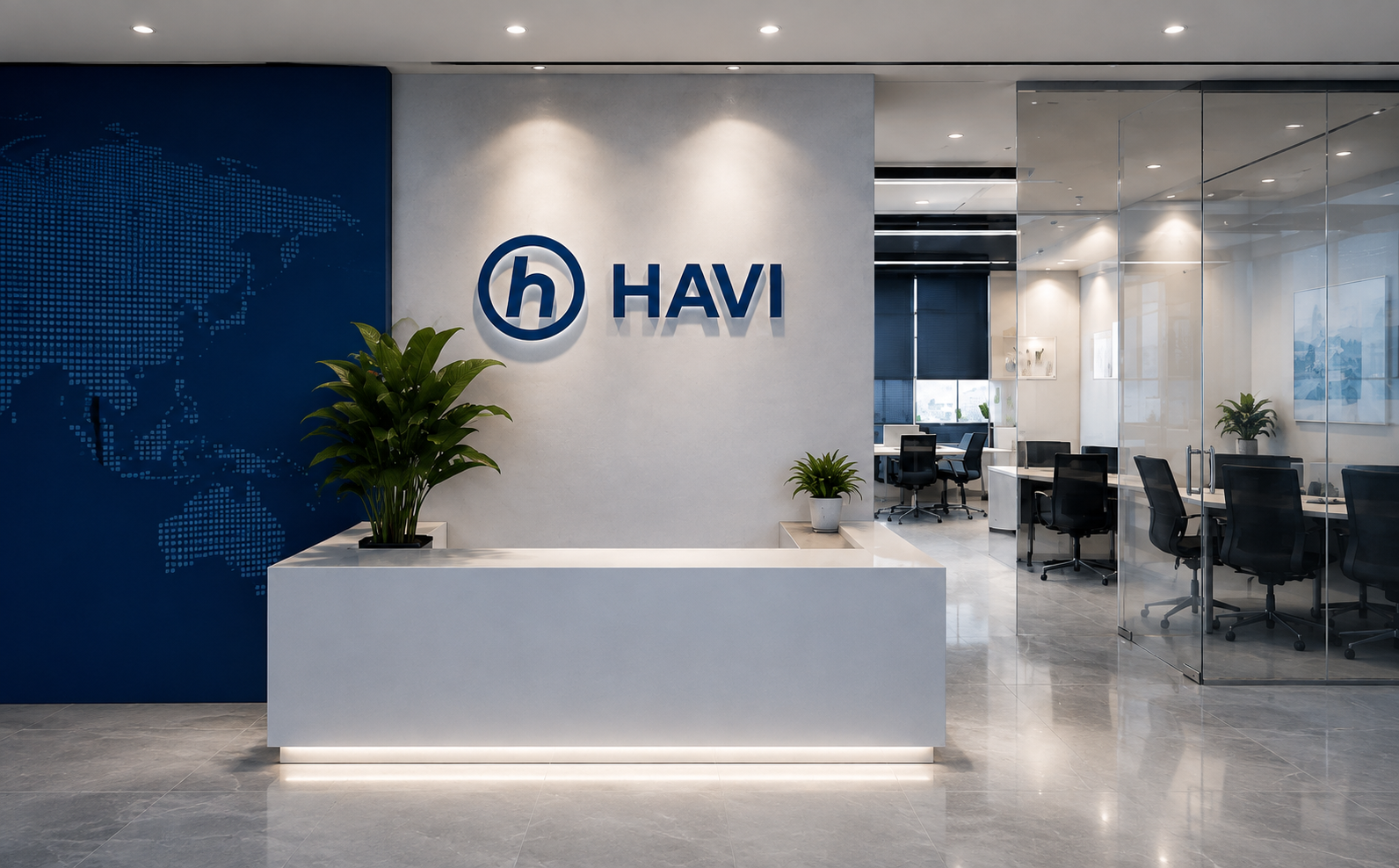 HAVI office reception with company logo and workspace